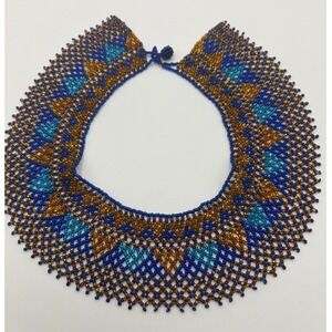 Vintage Statement Beaded Collar Necklace Blue‎ Gold Geometric Bib 16"
